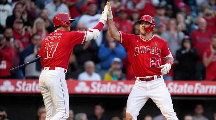 May 10, 2022; Anaheim, California, USA; Los Angeles Angels center fielder Mike Trout (27) celebrates with designated hitter Shohei Ohtani (17) after hitting a home run in the second inning against the Tampa Bay Rays at Angel Stadium.